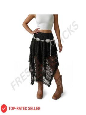 Lace Long Maxi Skirt Asymmetrical Layered Hem Flowy Boho See-Through Beach Skirt